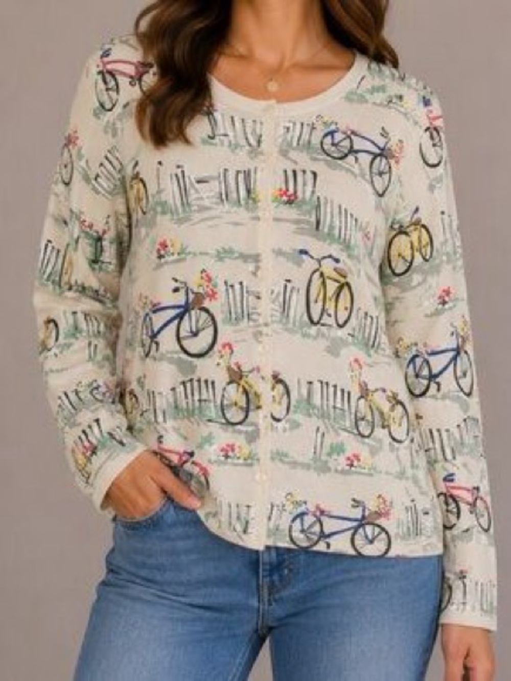Charter Club Retro Bicycle and Garden Button Up Cardigan, Size L